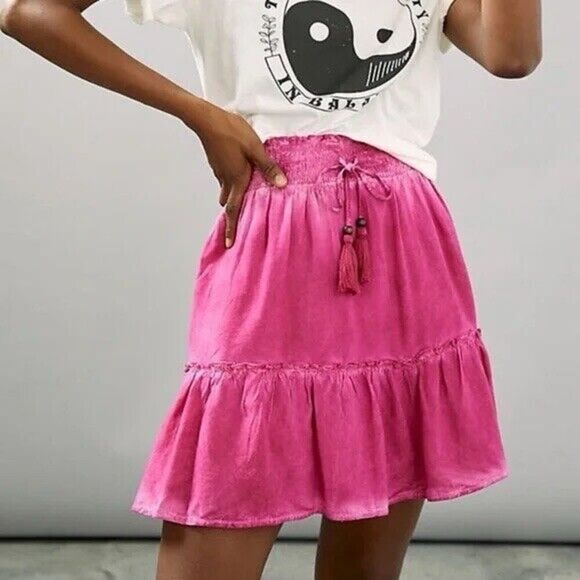 Antropologie Pilcro Mini Skirt Size XS Pink Tiered Giulia Tie Tassel Boho NEW - Picture 2 of 9